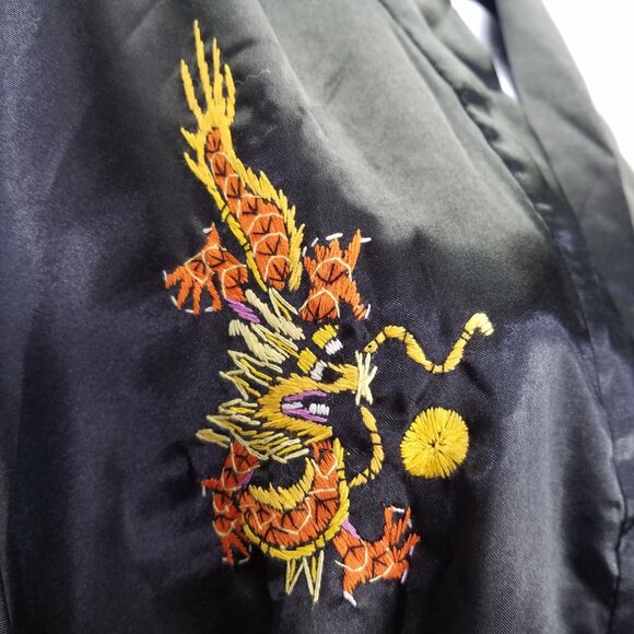 Lucky Kimono Bath Robe M Hand Embroidered Chinese Dragon Black Satin Tie Pockets - Picture 8 of 16